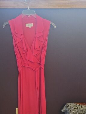 Studio I Bright Red Sleeveless Ruffle Wrap Midi Dress